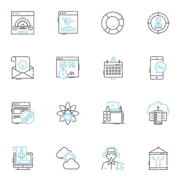 Website development linear icons set. Coding, Design, Optimization, Interface Stock Illustration