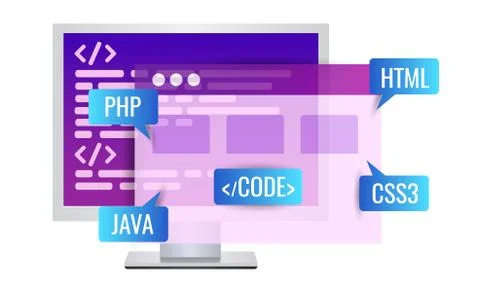 Website development, program code. Icon Personal computer with program code Stock Illustration