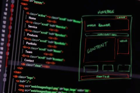 Website development - programming code and wireframe on computer screen Illustrazione stock