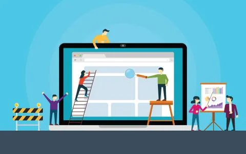 Website development team on front of laptop build a website Illustrazione stock