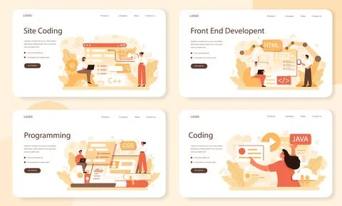 Website development web banner or landing page set. Support and development 스톡 일러스트