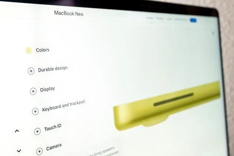 Website displaying macbook neo features Stock Photos