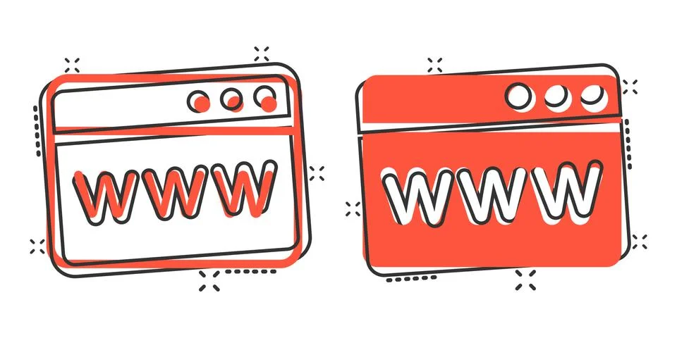 Website domain icon in comic style. Com internet address cartoon vector illus 스톡 일러스트