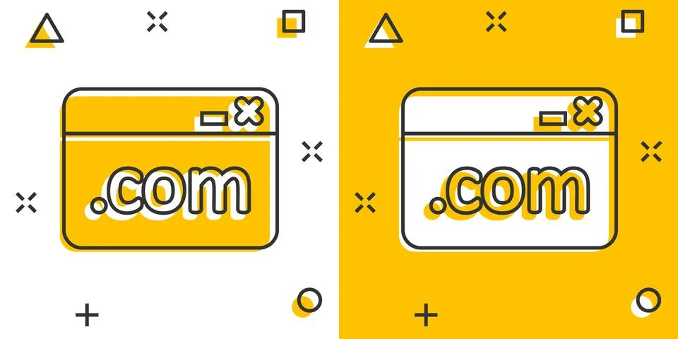 Website domain icon in comic style. Com internet address cartoon vector illus Ilustración de archivo