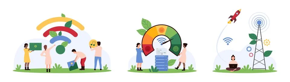 Website download optimization, speed internet booster set, tiny people upload Stock Illustration