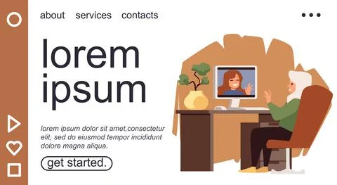 Website with elderly woman communicates in virtual app, flat vector illustration Stock Illustration