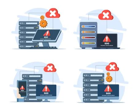 Website error illustration set featuring server failures, 500 internal errors. Illustrazione stock