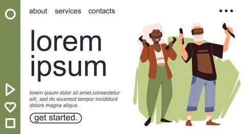 Website with grandparents using computer gadgets, flat vector illustration. Illustrazione stock