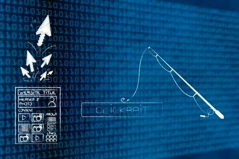 Website with group of pointers flying out of it next to fishing rod with Clic Illustrazione stock