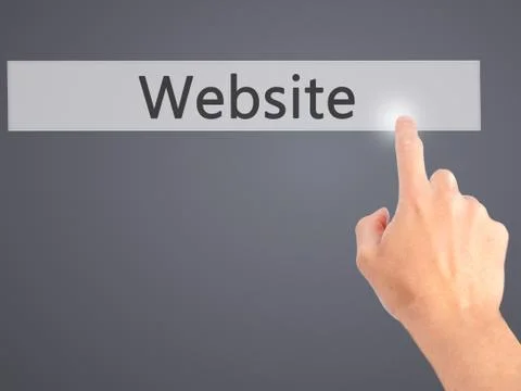 Website - Hand pressing a button on blurred background concept on visual scre Stock Photos