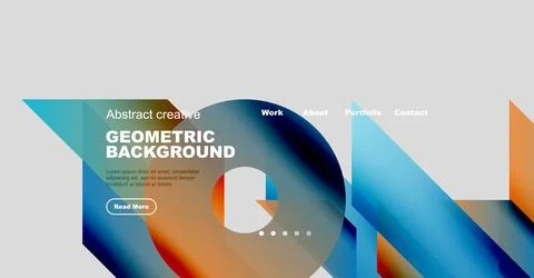 Website header design. Colorful geometric shapes, text, navigation menu present. Illustrazione stock