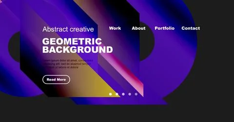 Website header displays abstract geometric design. Text includes work, about, 스톡 일러스트