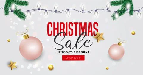 Website header or banner design decorated with pine tree leaves, garland, golden Stock Illustration