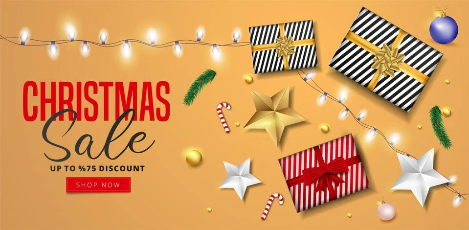 Website header or banner design decorated with pine tree leaves, garland, golden Stock Illustration