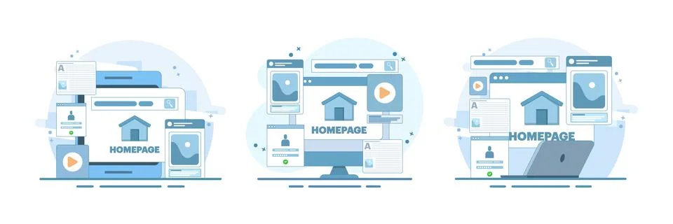 Website homepage design set featuring laptop interfaces, web development. Ilustración de archivo