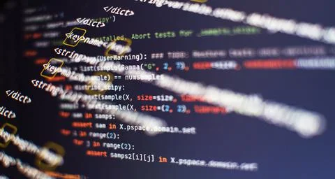 Website HTML Code on the Laptop Display Closeup Photo. Modern tech. Innovativ Stock Photos