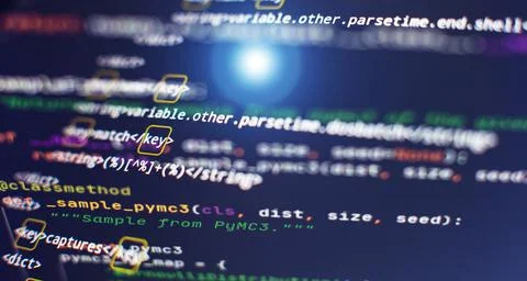 Website HTML Code on the Laptop Display Closeup Photo. Modern tech. Innovativ Stock Photos