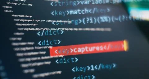 Website HTML Code on the Laptop Display Closeup Photo. Modern tech. Innovativ Stock Photos