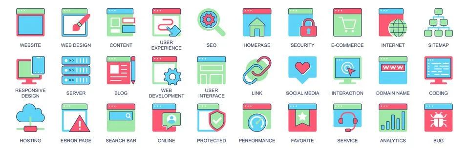 Website icon set in flat color icons web design. Pack pictograms with user ex 库存插图
