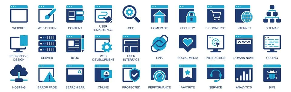 Website icon set in flat duotone solid icons web design. Pack pictograms with Stock Illustration