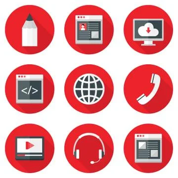 Website Icons Set over Red with Shadows Stock Illustration