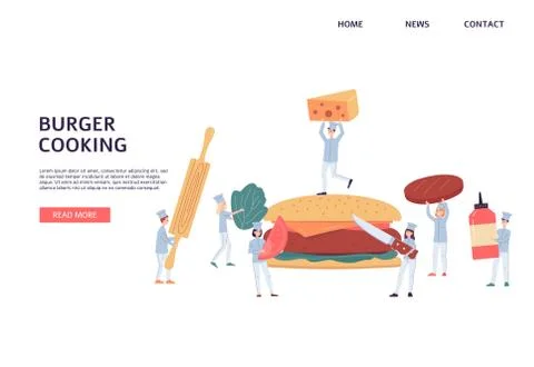 Website interface design with chiefs cooking a burger, flat vector illustration. Stock Illustration