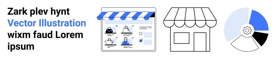 Website interface displaying products, store building with an awning, and seg Stock Illustration