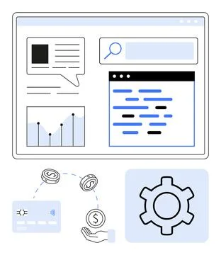 Website interface with graph, code snippet, search bar, payment hand holding  Stock Illustration
