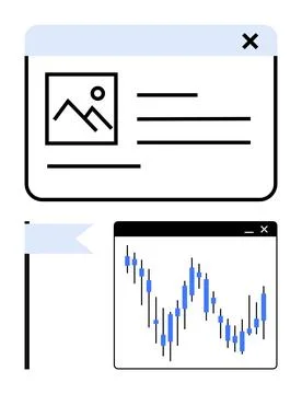 Website Interface with Image Thumbnail, Text, Flag, and Stock Market Chart Stock Illustration