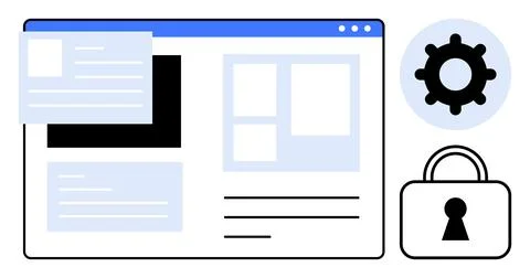 Website interface with layout elements, settings gear, and security lock. Ide Stock Illustration