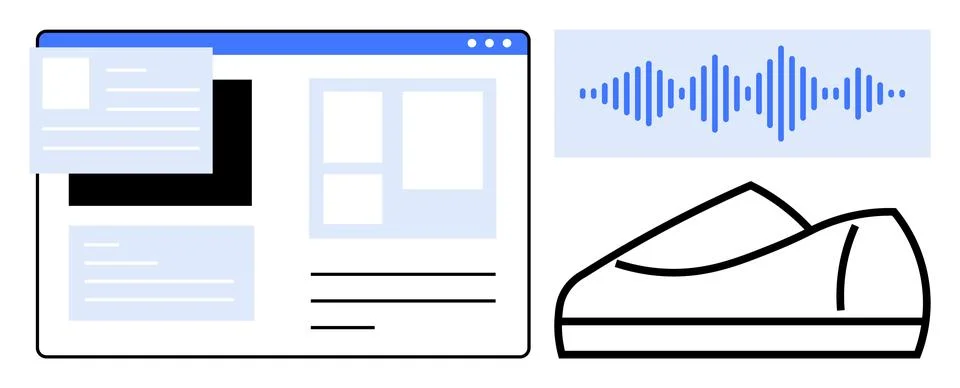 Website interface layout with text and images, blue sound wave pattern, and a Stock Illustration