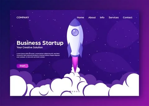 Website landing home page with rocket. Business project startup and development Stock Illustration