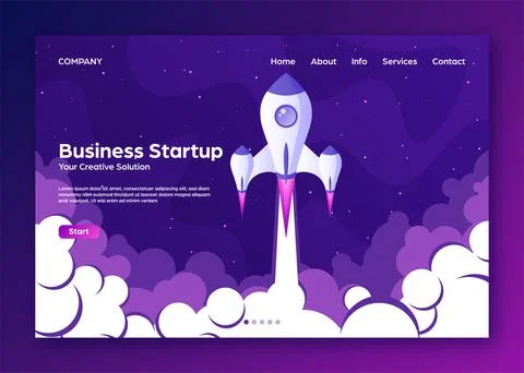 Website landing home page with rocket. Business project startup and development Stock Illustration
