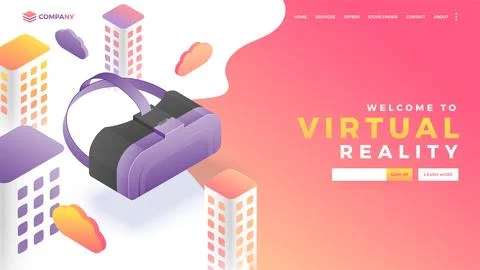 Website landing page with isometric view of vr box and urban landscape for .. Stock Illustration