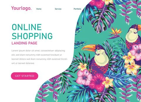 Website landing page, spring summer background with tropical flowers, exotic  Stock Illustration