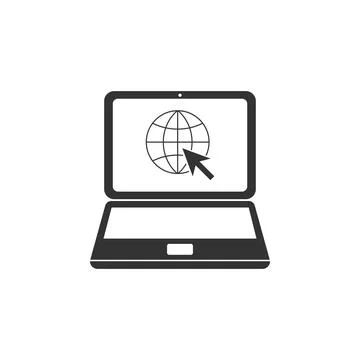 Website on laptop screen icon isolated. Laptop with globe and cursor. World wide Ilustración de archivo