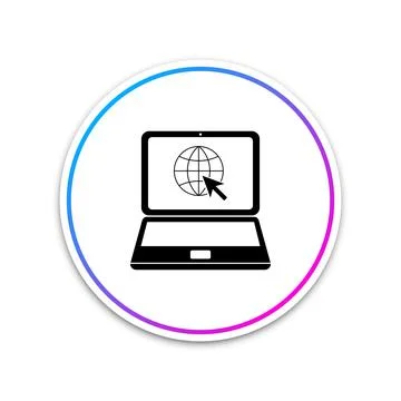 Website on laptop screen icon isolated on white background. Laptop with globe Ilustración de archivo