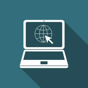 Website on laptop screen icon isolated with long shadow. Laptop with globe and Ilustración de archivo