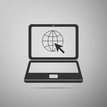 Website on laptop screen icon isolated on grey background. Laptop with globe and Ilustración de archivo
