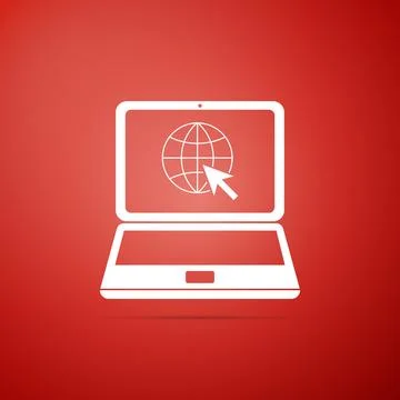 Website on laptop screen icon isolated on red background. Laptop with globe and 스톡 일러스트