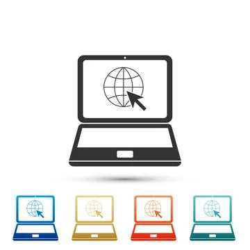 Website on laptop screen icon isolated on white background. Laptop with globe Ilustração Stock