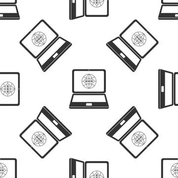 Website on laptop screen icon seamless pattern on white background. Globe on Stock Illustration