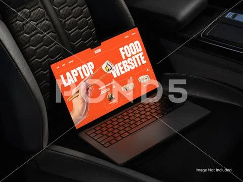 Website laptop Screen Mockup on Car Seat PSD-Vorlage