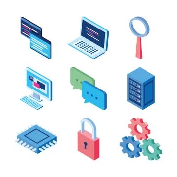 Website laptop security gears chat data server technology internet Stock Illustration