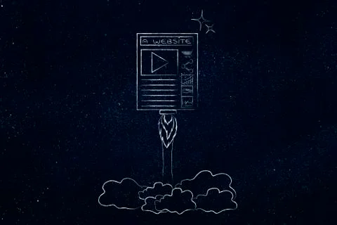 Website launch, webpage flying like a rocket Illustrazione stock