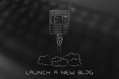 Website launch, webpage flying like a rocket Illustrazione stock