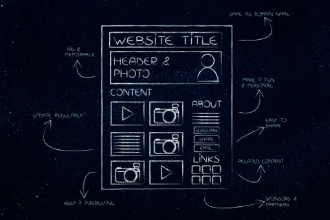 Website layout with example sections and comments Illustrazione stock
