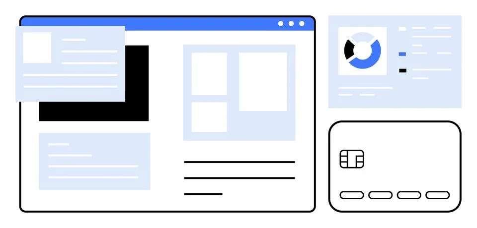 Website layout with text boxes, images, and credit card next to pie chart and イラスト素材