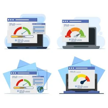 Website loading speed illustration set showing internet performance test Stock Illustration