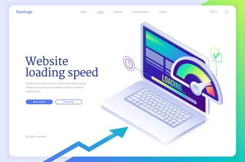 Website loading speed isometric landing page. Illustrazione stock